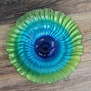Glass Flower Bowl Blue Teal Turquoise Green